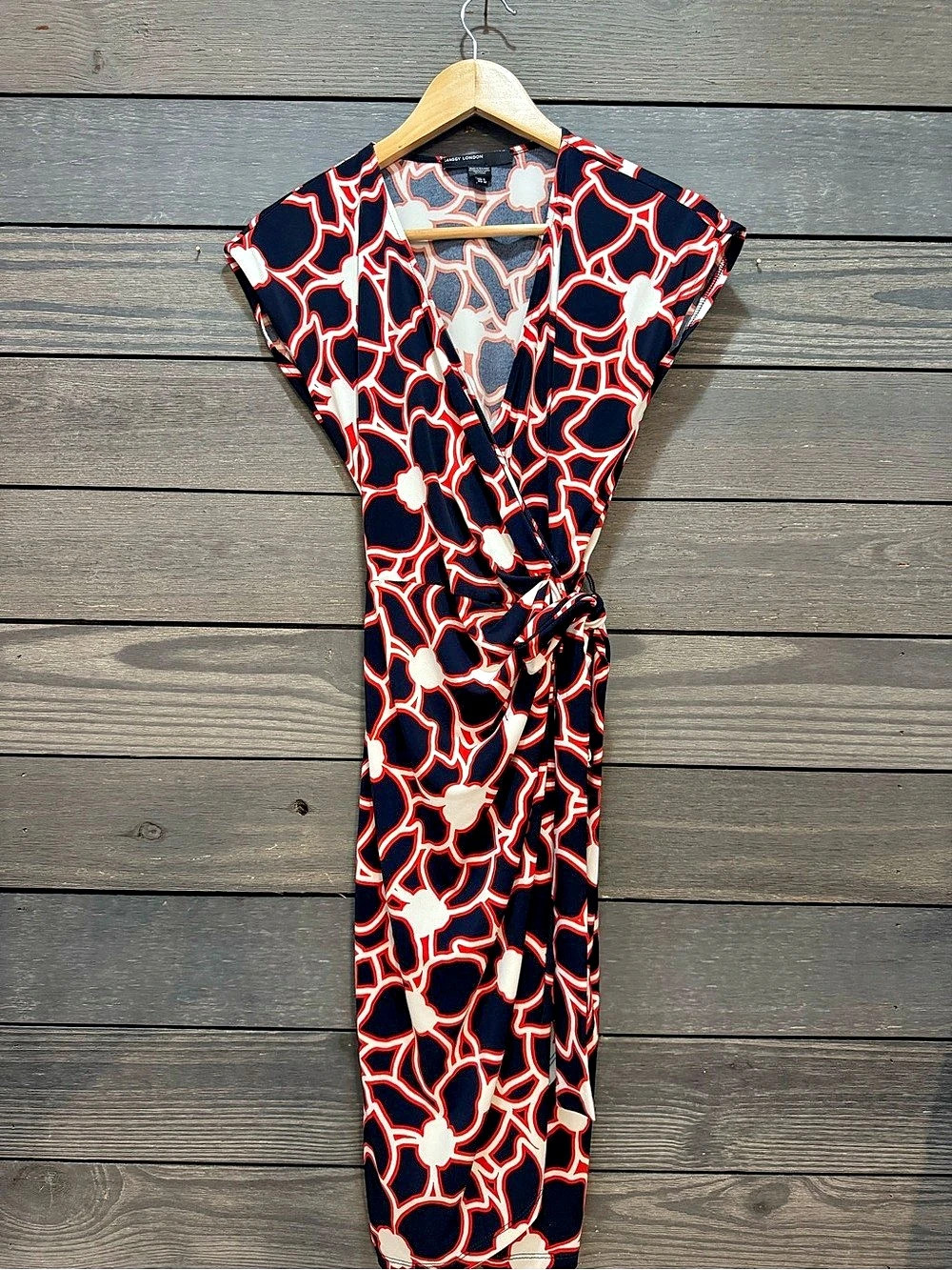 Maggy London Navy White Red Abstract Floral Midi Wrap Dress Size 6